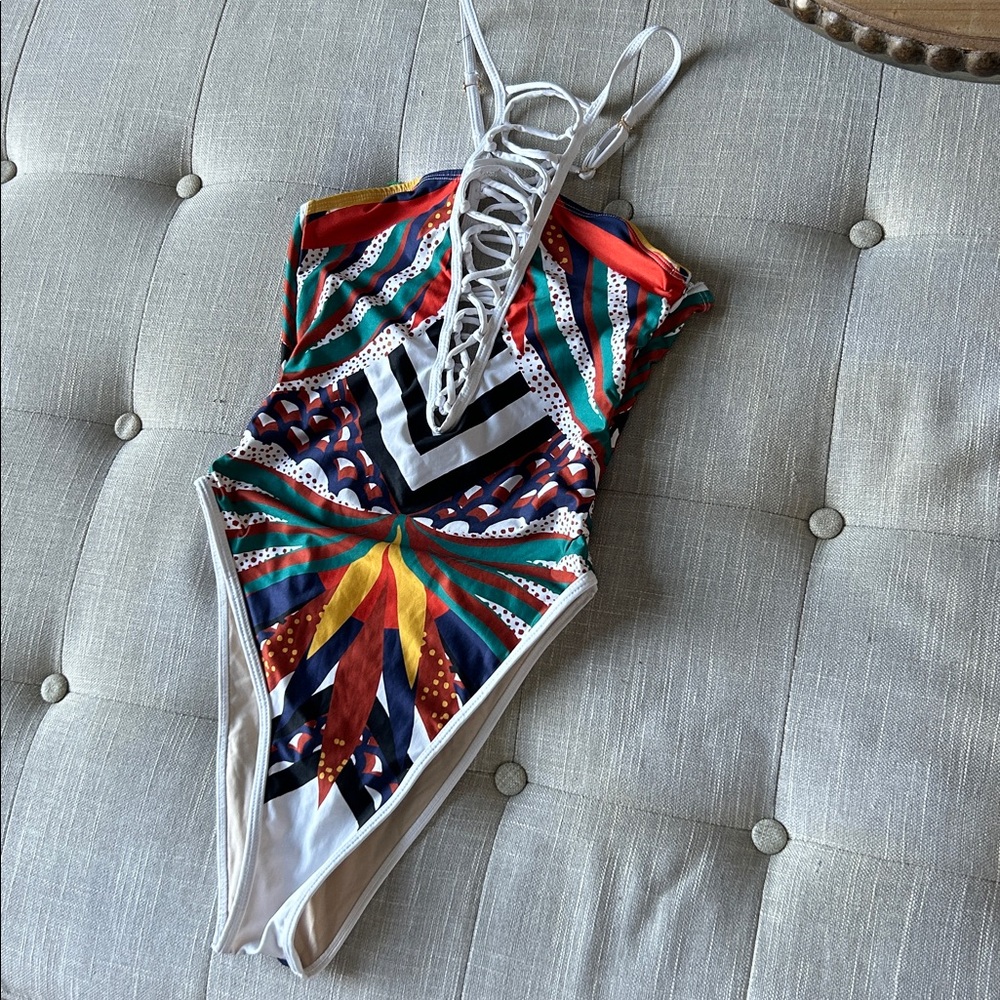 B FYNE Swim Multi-Color Printed Lace Up Monokini Bathing Suit Size Medium